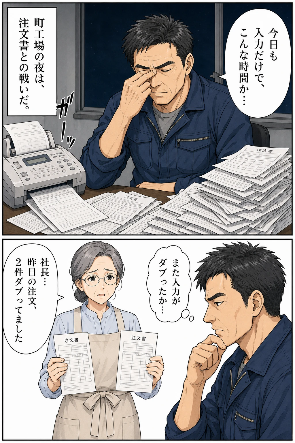 作例1ページ目｜夜の町工場で注文書と向き合う場面